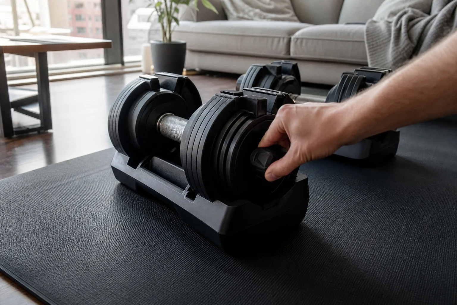 Compact adjustable dumbbells on a protective mat in an apartment