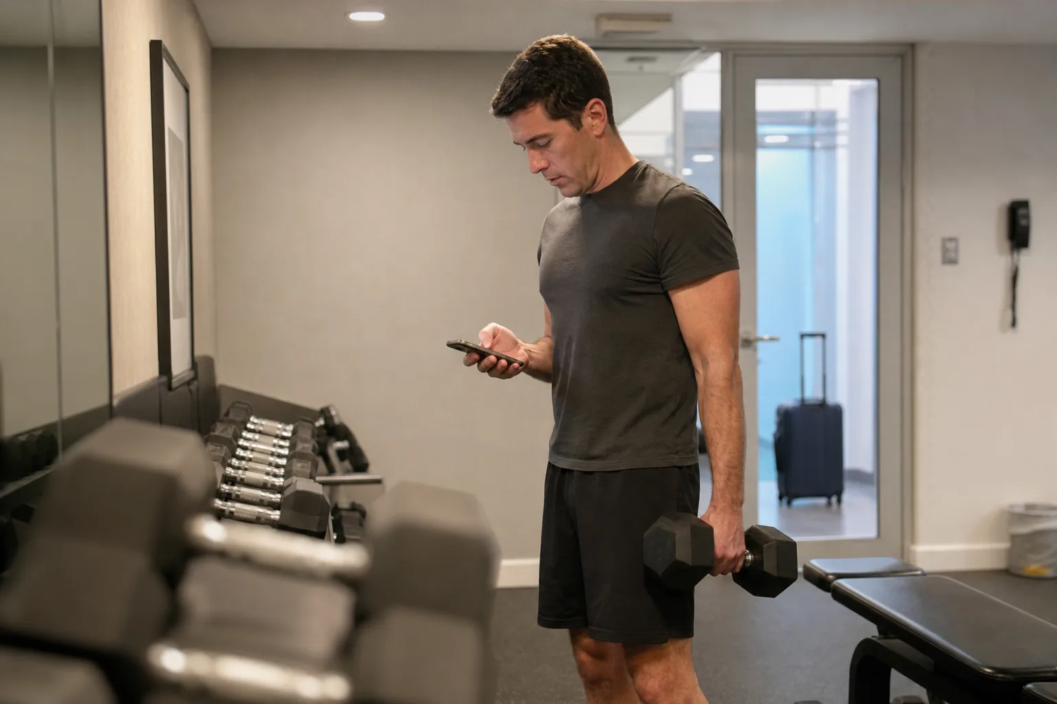Business traveller planning a short dumbbell workout in a hotel gym