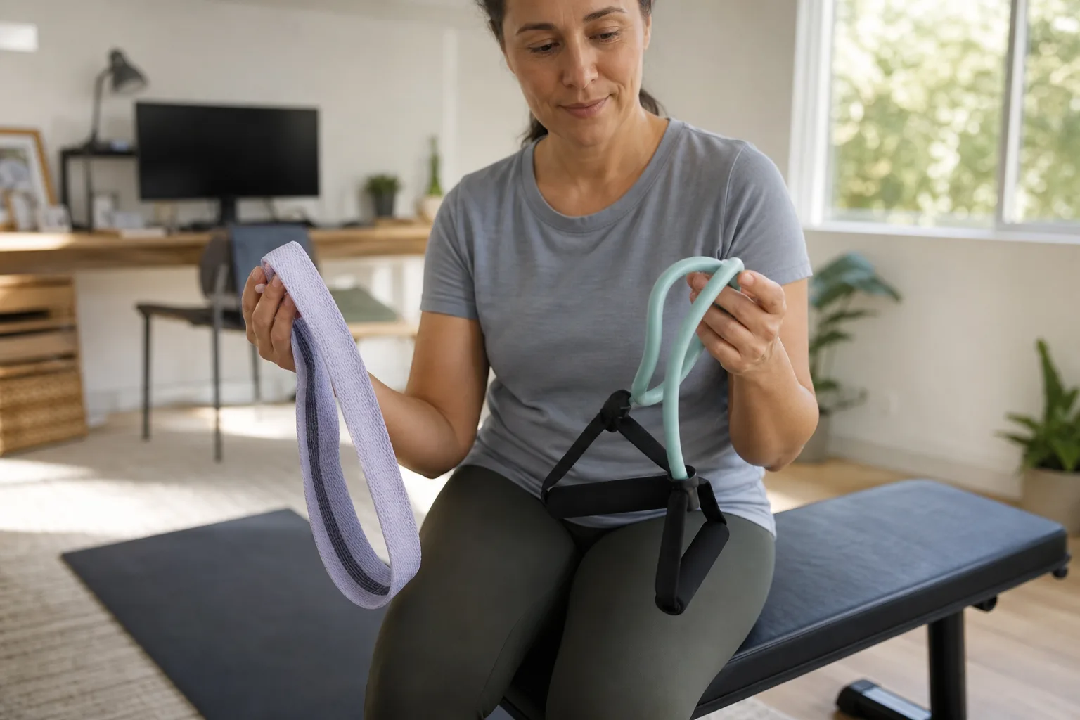 Beginner comparing fabric and handled resistance bands at home