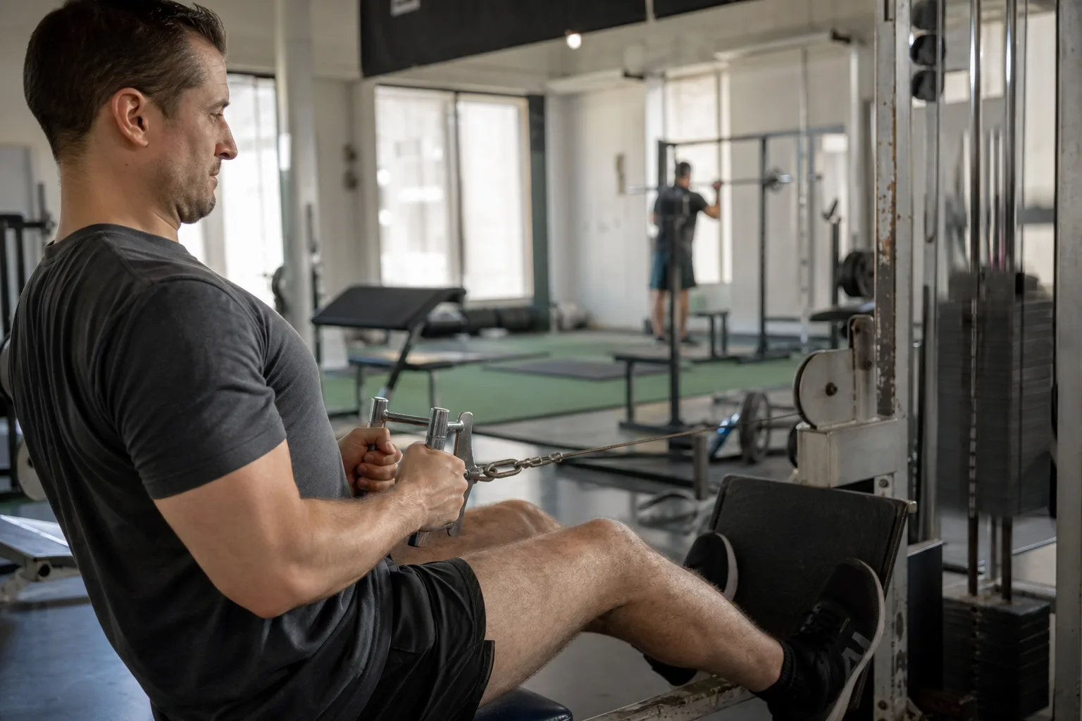 Lifter performing a controlled seated cable row