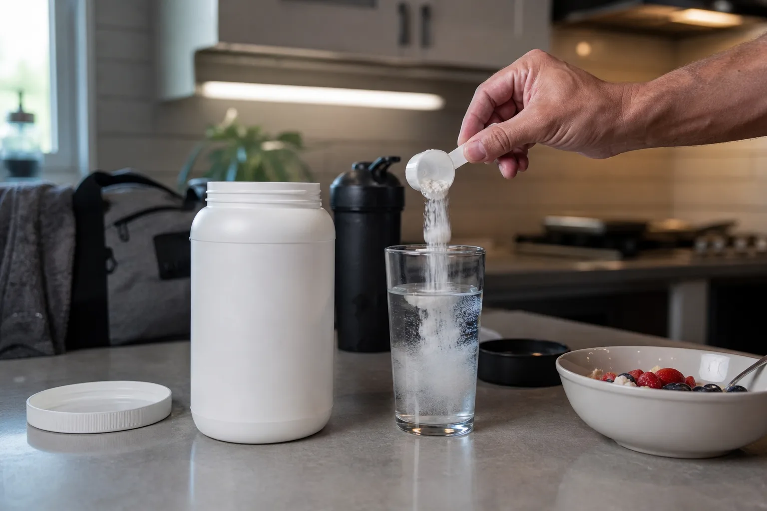 Creatine scoop, shaker and protein-rich breakfast after training