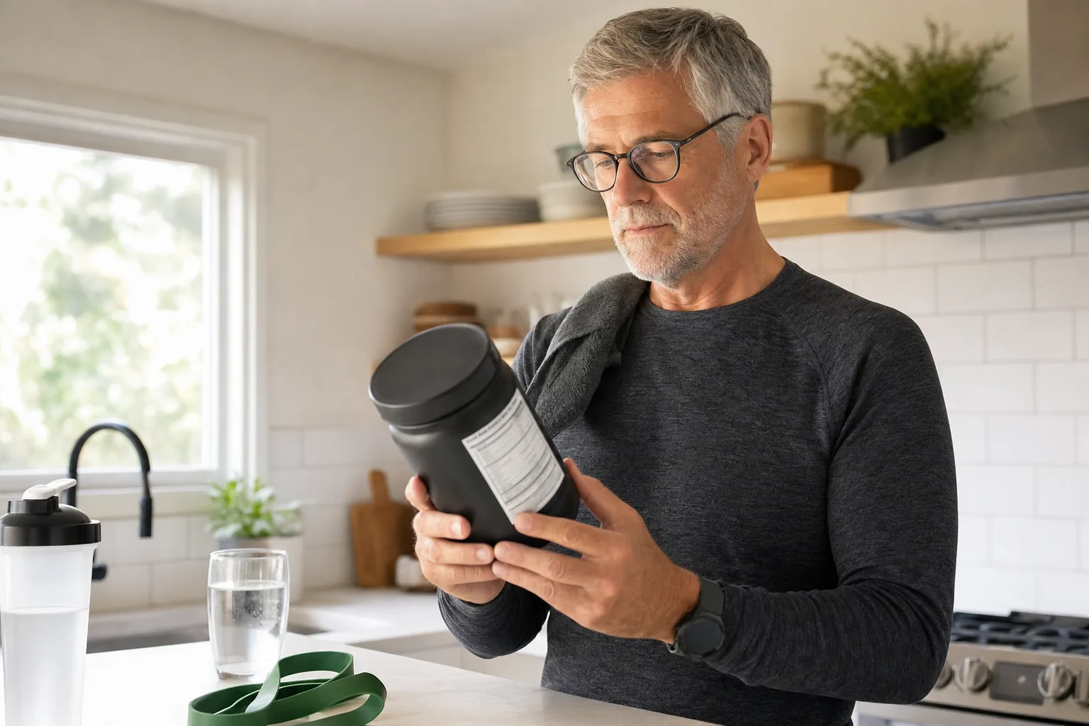 Active older adult carefully reading an unbranded supplement label