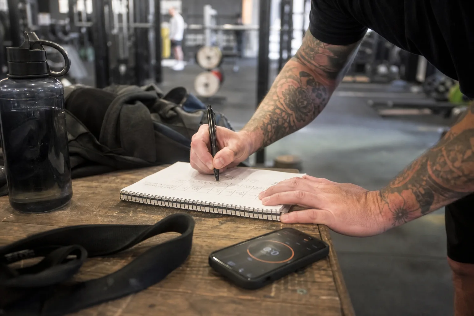 Lifter writing a weekly training plan beside a gym bag