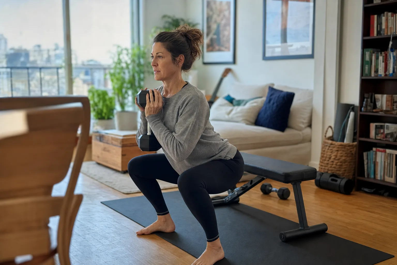 Woman in her forties beginning a simple dumbbell strength session at home